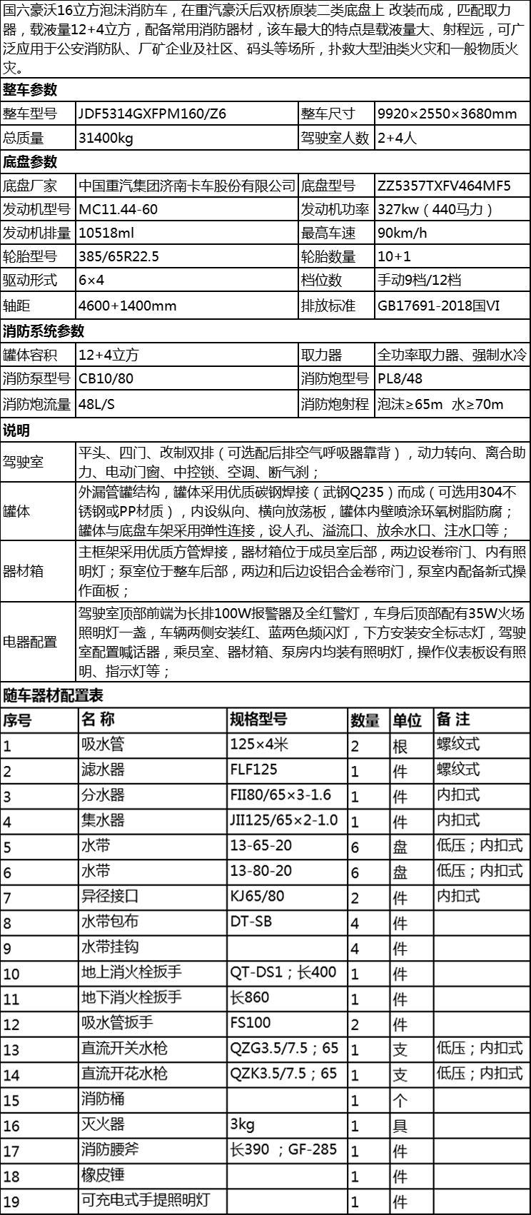 國六豪沃后雙橋16立方泡沫消防車